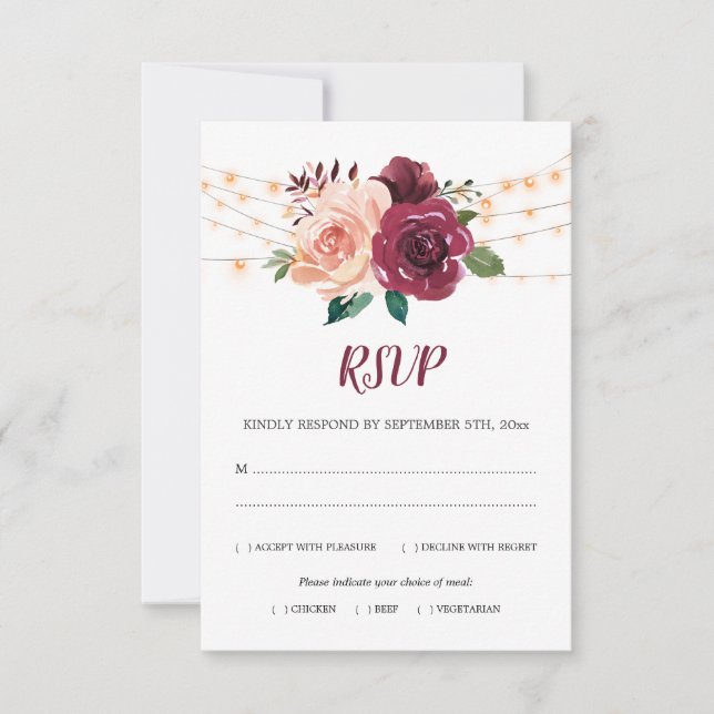 Cartons Réponse Dusty Rose Bourgogne Floral Lights Mariage Repas (Devant)