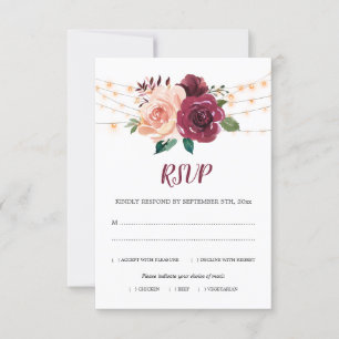 Cartons Réponse Dusty Rose Bourgogne Floral Lights Mariage Repas