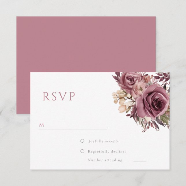 Cartons Réponse Dusty Rose & Burgundy Boho Floral Mariage (Devant / Derrière)