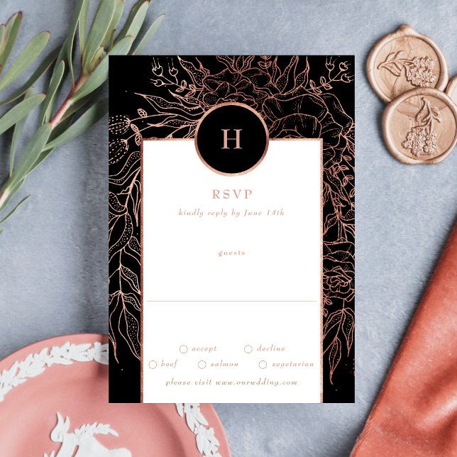 Cartons Réponse Dusty Rose Gold Classic Monogram Mariage Wreath (Créateur téléchargé)