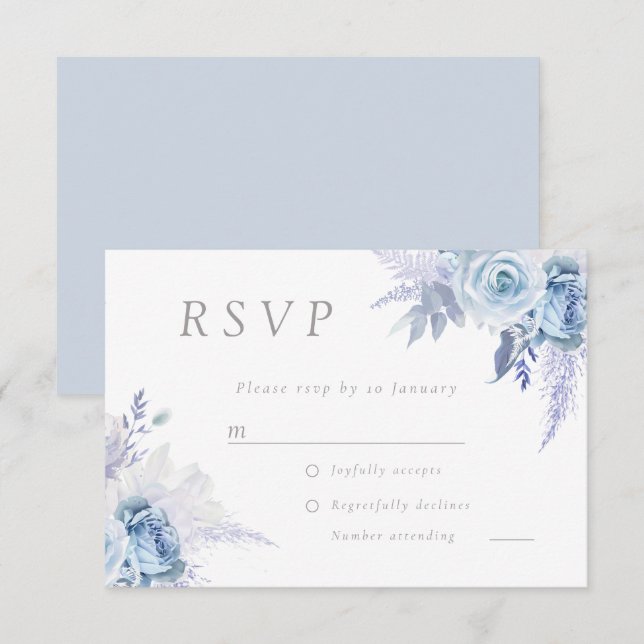 Cartons Réponse Dusty Sky Blue Divine Floral Mariage Tous les évén (Devant / Derrière)