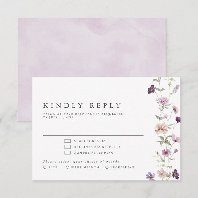 Cartons Réponse Dusty Violet Lavender Fleur sauvage Jardin Mariage (Devant / Derrière)