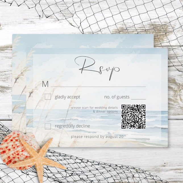 Cartons Réponse Eau de mer moderne Mariage plage Code QR (Modern Seaside Watercolor Beach Wedding QR Code RSVP Card)