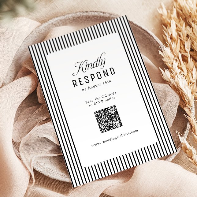 Cartons Réponse Élégance rayée noire Code QR Mariage (Black Striped Elegance Classy QR Code Wedding RSVP Card)