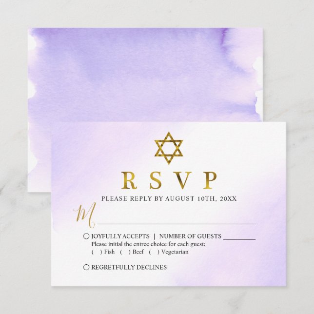 Cartons Réponse Elégant Aquarelle Pastel Purple Gold Bat mitzvah (Devant / Derrière)