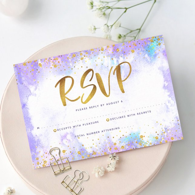 Cartons Réponse Elégant Aquarelle violette de Quinceañera Gold Foi (Créateur téléchargé)