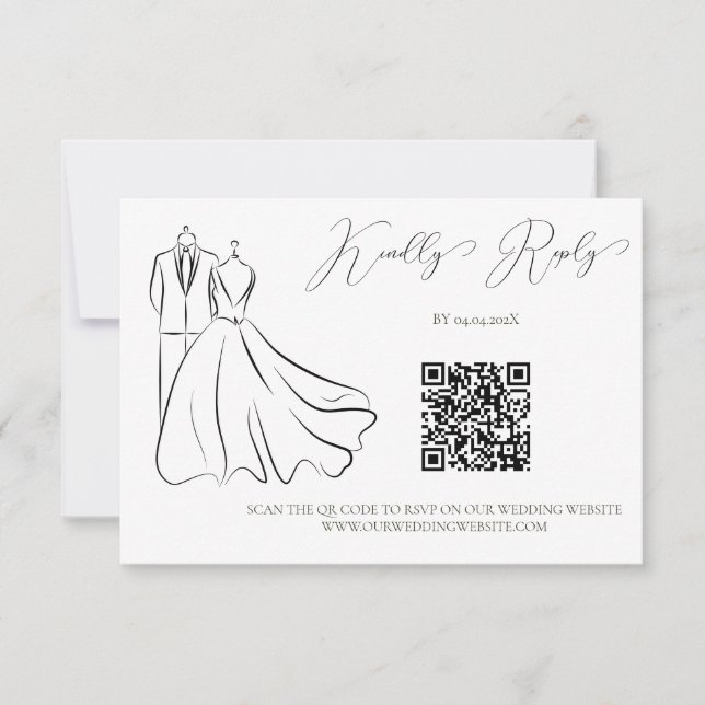 Cartons Réponse Élégant B&W Tux & Robe Mariage QR Code (Devant)