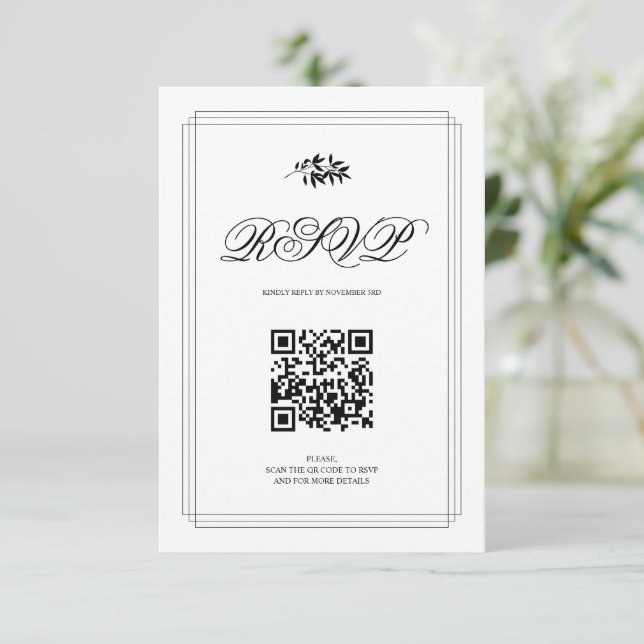 Cartons Réponse Elegant black and white branch and QR code wedding (Debout devant)