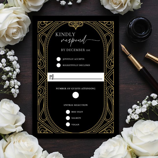 Cartons Réponse Elegant Black Faux Gold Art Deco Response Card (Elegant Black Faux Gold Art Deco RSVP Response Card)
