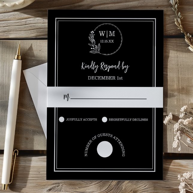 Cartons Réponse Elegant Black Line Drawing Monogram Wedding (Elegant Black Line Drawing Monogram Wedding RSVP Card)