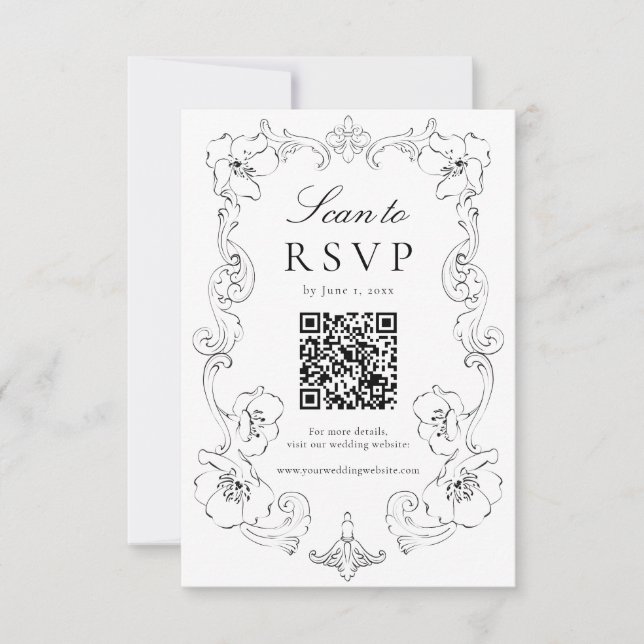 Cartons Réponse Elegant Black Ornate Floral QR Code Wedding (Devant)