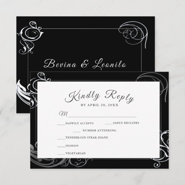 Cartons Réponse Elégant Black Silver Curls Mariage Diner Choice (Devant / Derrière)