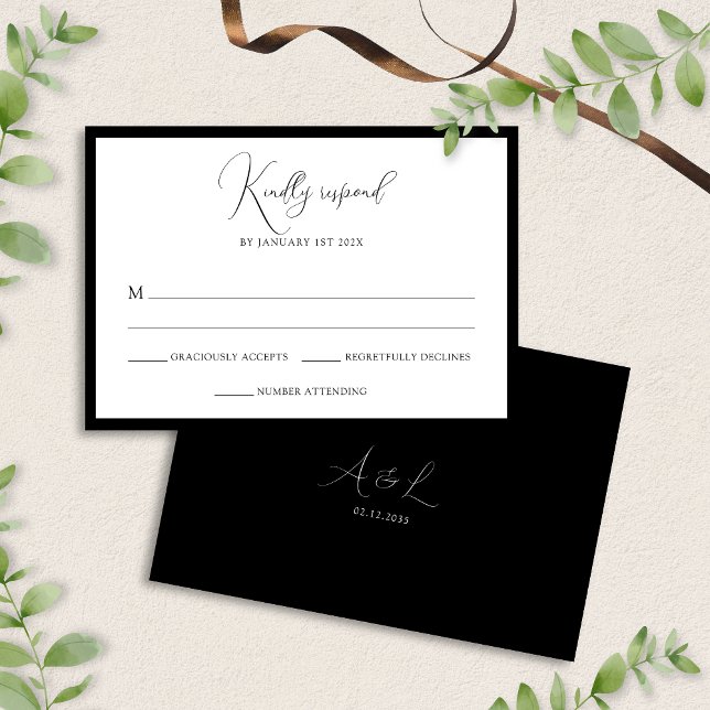 Cartons Réponse Elegant Black & White Monogram Bordered Wedding (Créateur téléchargé)