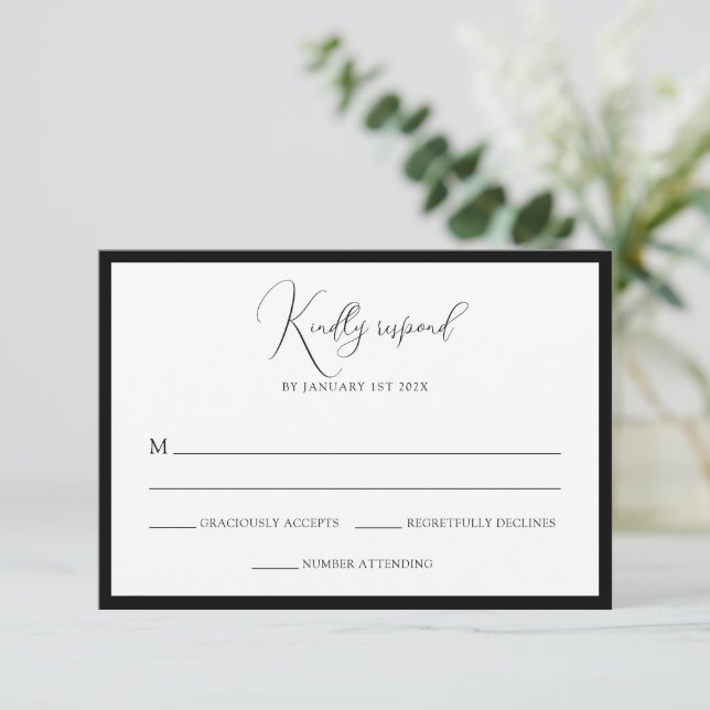 Cartons Réponse Elegant Black & White Monogram Bordered Wedding (Debout devant)