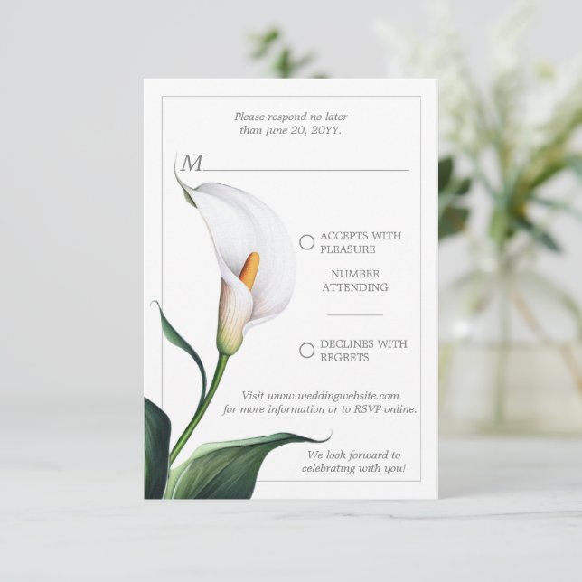 Cartons Réponse Elégant blanc ivoire Calla Lily Mariage (Debout devant)