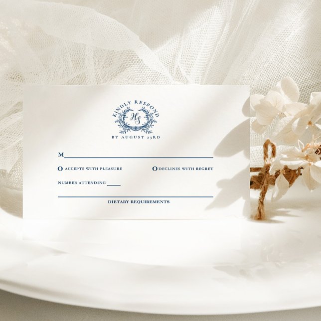 Cartons Réponse Élégant Bleu Azur Blason Monogramme Mariage (Créateur téléchargé)