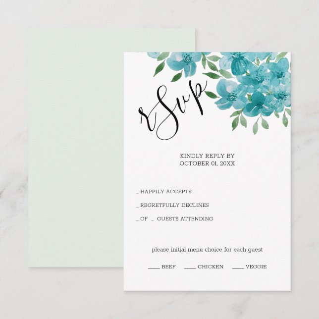 Cartons Réponse Elégant Bleu Dusty Et Aquarelle Florale De Monnaie (Devant / Derrière)