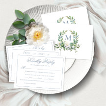 Élégant Bleu Floral Crest Monogramme Mariage