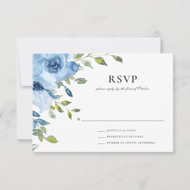Cartons Réponse Elégant bleu Floral Mariage (Devant)