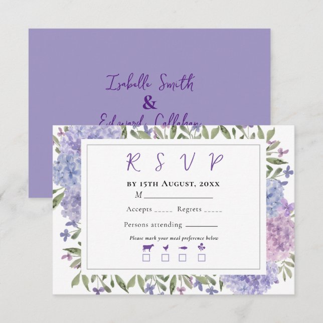 Cartons Réponse Elégant bleu Lilac Aquarelle Hydrangeas Mariage (Devant / Derrière)