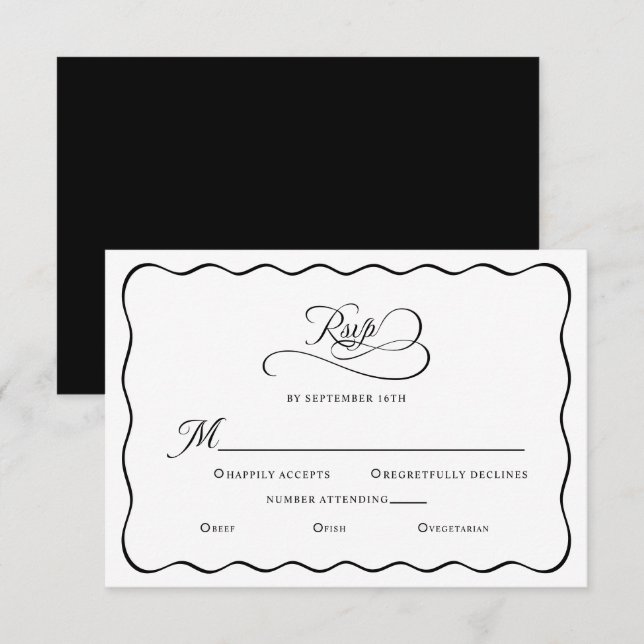 Cartons Réponse Élégant bloc de mariage Wavy Frame noir (Devant / Derrière)