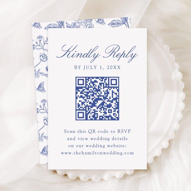 Cartons Réponse Elégant Blue Chinoiserie Floral Mariage QR Code (Créateur téléchargé)
