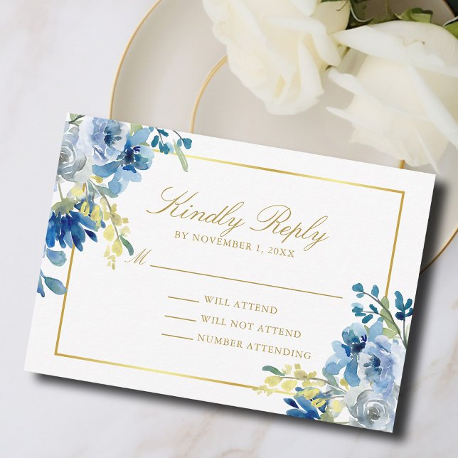 Cartons Réponse Elégant Blue Gold Floral Kindly Répondre Mariage (Créateur téléchargé)