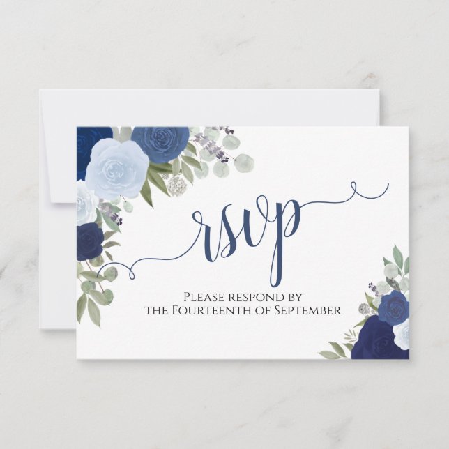 Cartons Réponse Elégant Blue Roses Floral Calligraphie Mariage RSV (Devant)