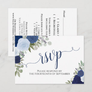 Cartons Réponse Elégant Blue Roses Floral Calligraphie Mariage RSV