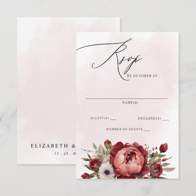 Cartons Réponse Élégant Bohème Burgundy Blush Fleurs Mariage  (Devant / Derrière)