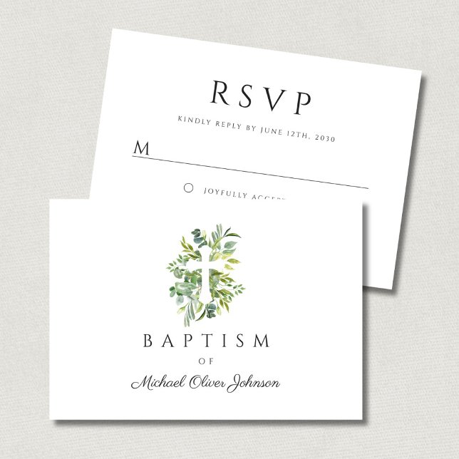 Cartons Réponse Élégant Botanique Religieux Croix Baptême (Elegant Botanical Religious Cross Baptism RSVP Card)
