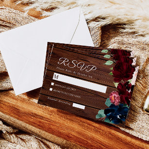 Cartons Réponse Elégant Bourgogne & Marine Blue Flowers Mariage en