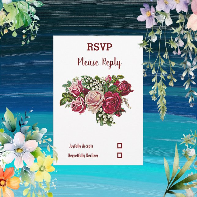 Cartons Réponse Élégant Bourgogne Rustique Rose Maroon Floral Mari (Elegant Burgundy Rustic Floral Maroon Rose Wedding RSVP Card)