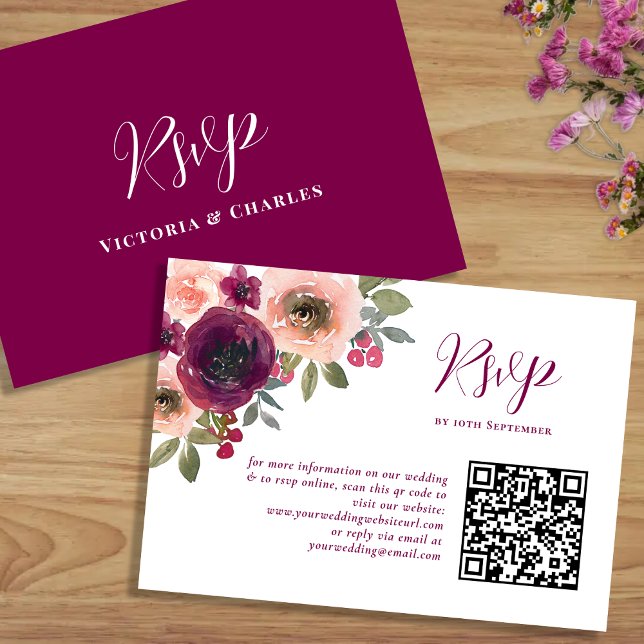 Cartons Réponse Elégant Burgundy Aquarelle Floral Qr code (Créateur téléchargé)