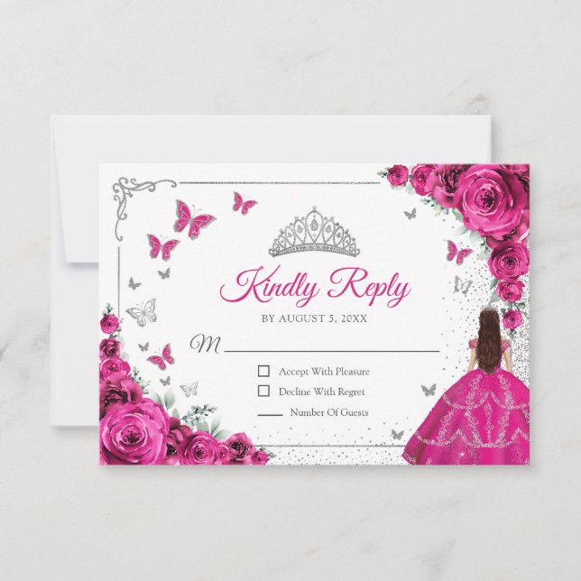 Cartons Réponse Elegant Chic Fuchsia Pink Silver Quinceanera Reply (Devant)