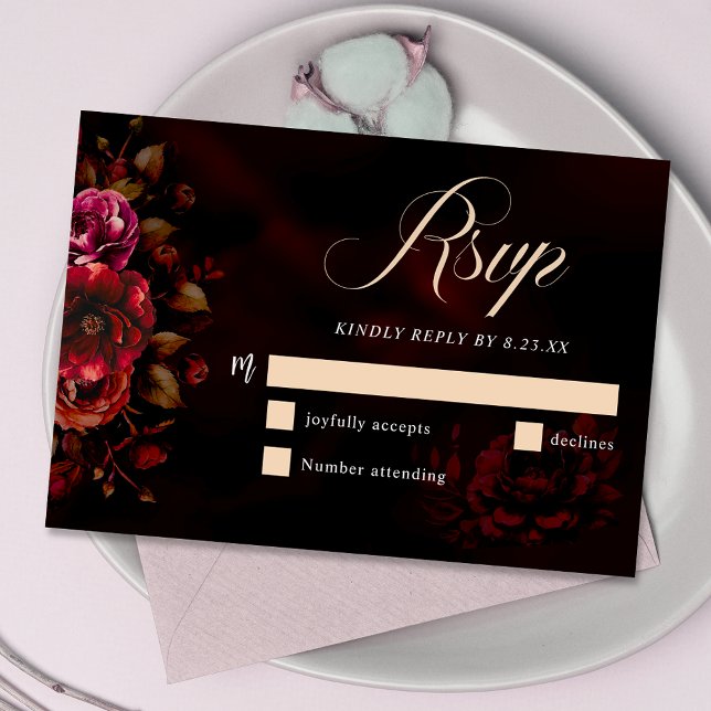 Cartons Réponse Élégant chic moody rouge noir Mariage (Créateur téléchargé)