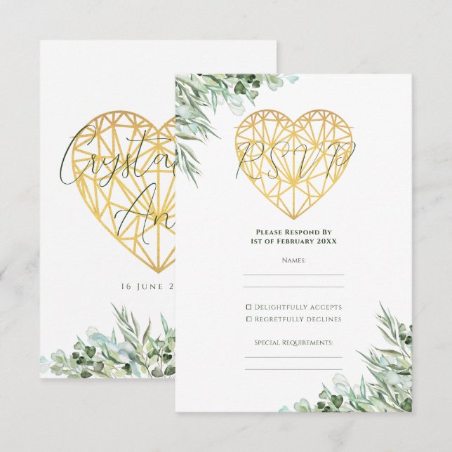Cartons Réponse Élégant Coeur Eucalyptus Foliage Mariage officiel (Devant / Derrière)