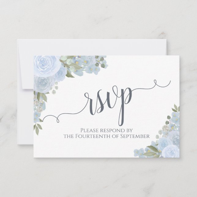 Cartons Réponse Élégant Dusty Blue Floral Calligraphie Mariage (Devant)