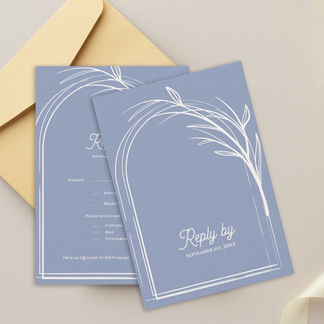 Cartons Réponse Elegant Dusty Blue With QR Code Wedding Reply By (Dusty Blue Minimalist Arch Botanical Wedding RSVP Card with QR Code | Modern Wedding Reply Card)