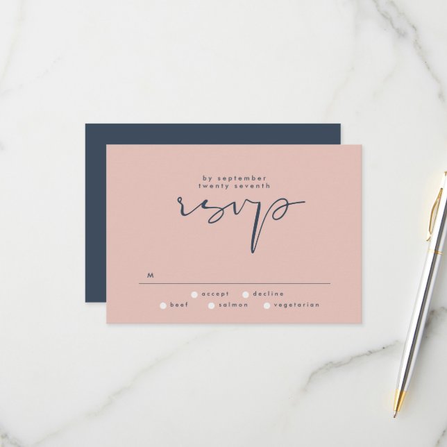 Cartons Réponse Elégant Dusty Rose moderne Mariage bleu marine (Devant/Arrière en situation)