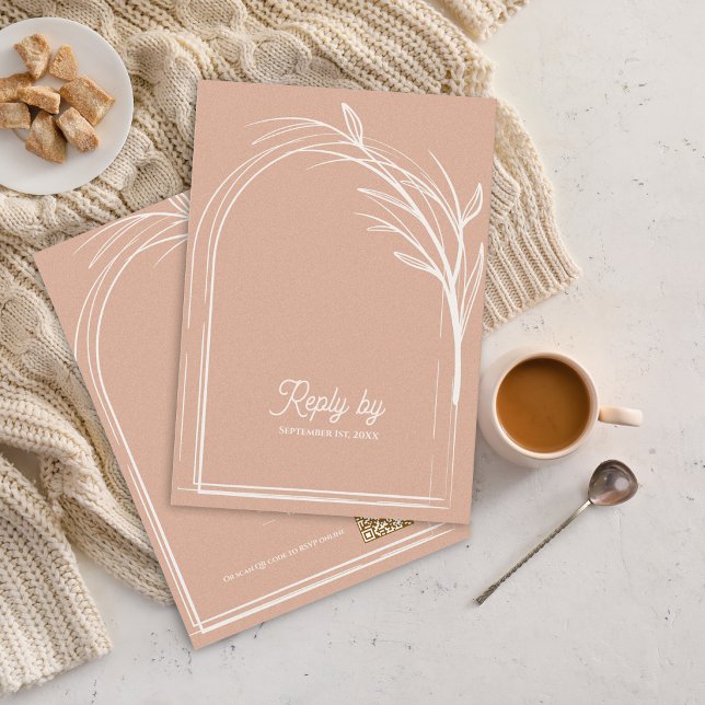 Cartons Réponse Elegant Dusty Rose With QR Code Wedding Reply By (Dusty Rose Minimalist Arch Botanical Wedding RSVP Card with QR Code | Romantic Wedding Reply Card)