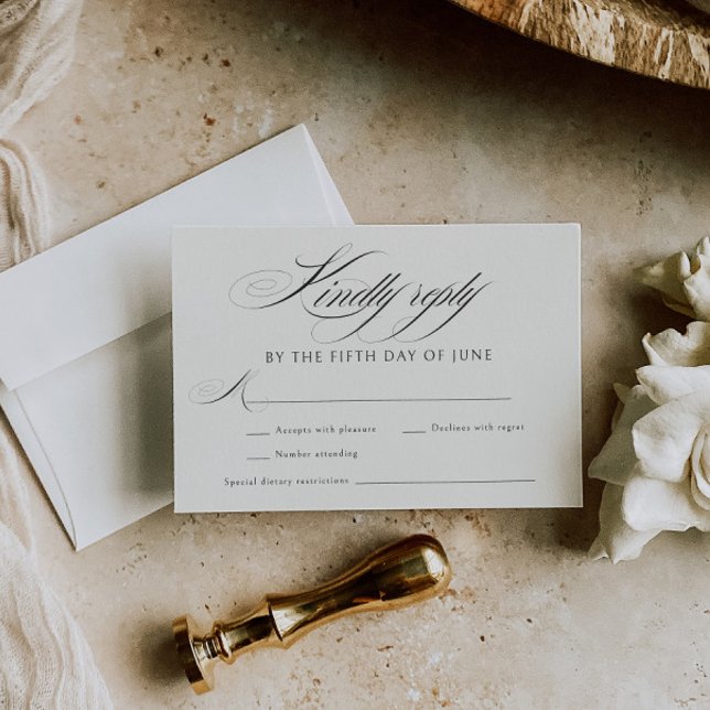 Cartons Réponse Elegant Ecru Black Calligraphy Mariage (Créateur téléchargé)