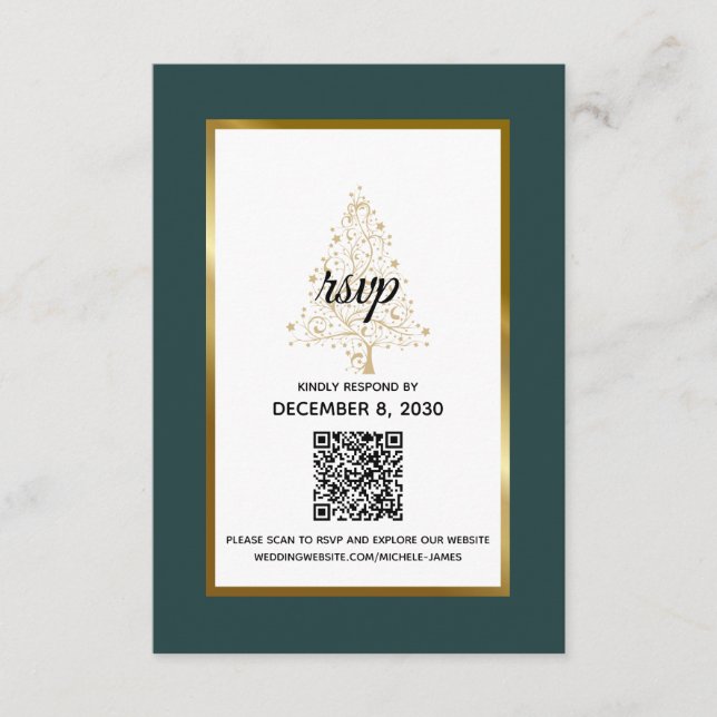 Cartons Réponse Élégant Emerald Gold Winter Wedding QR Code (Devant)