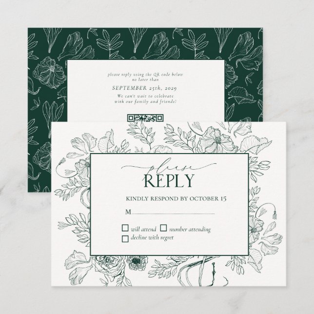 Cartons Réponse Élégant Emerald Green Floral Line Art Mariage (Devant / Derrière)