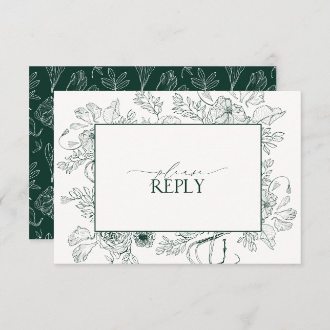 Cartons Réponse Élégant Emerald Green Floral Mariage QR Code (Devant / Derrière)