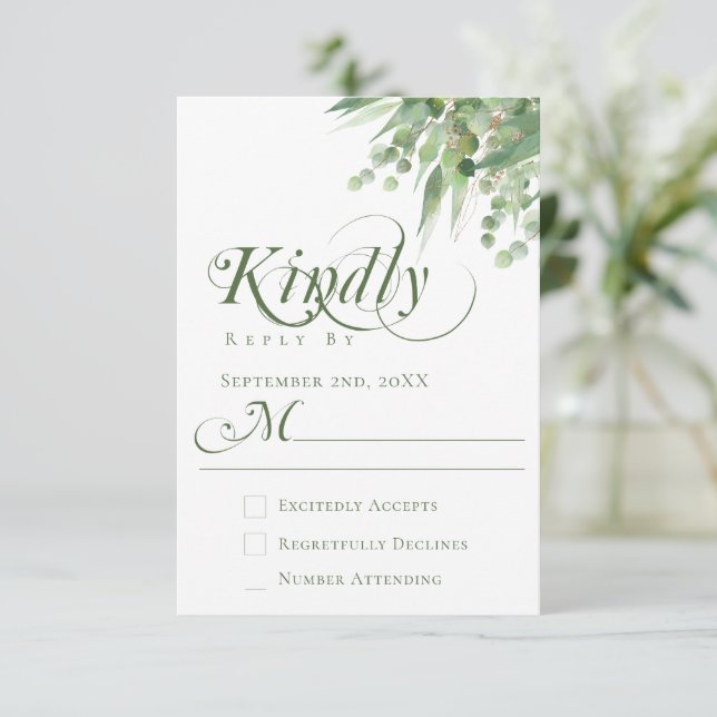 Cartons Réponse Élégant Eucalyptus Mariage de calligraphie verte (Debout devant)