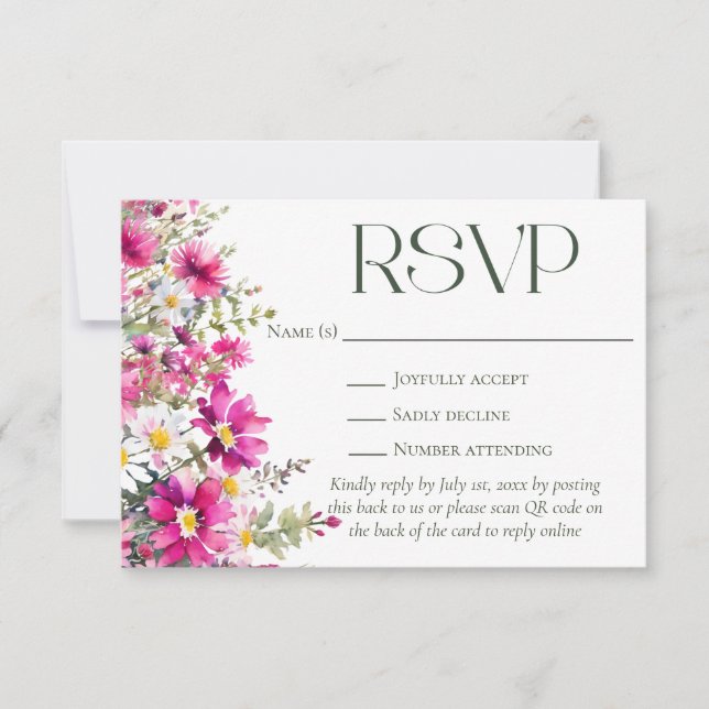 Cartons Réponse Élégant Fleur sauvage rose Mariage Floral Code QR (Devant)