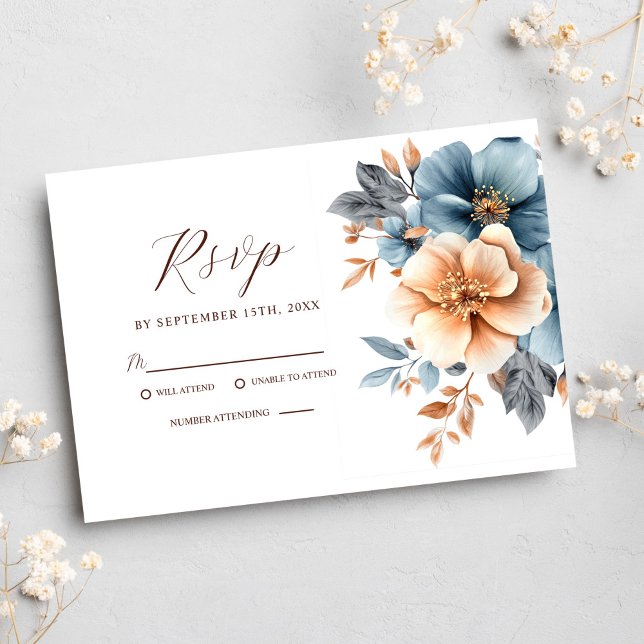 Cartons Réponse Élégant floral bleu poussiéreux terracotta mariage (Elegant Floral Dusty Blue Terracotta Wedding RSVP Card)