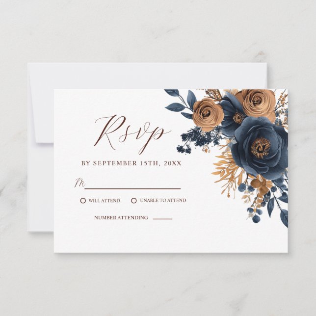 Cartons Réponse Elégant Floral Navy Blue Terracotta Garden Mariage (Devant)