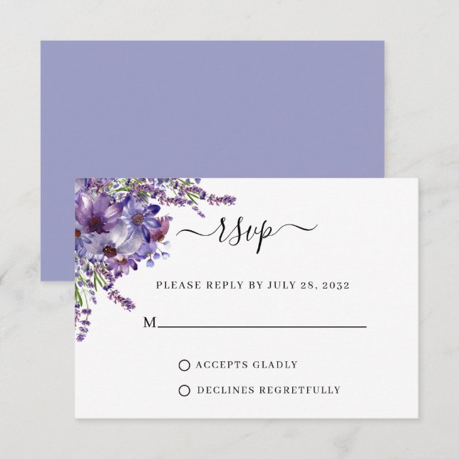 Cartons Réponse Élégant Floral Purple Lavender Peonies Mariage (Devant / Derrière)